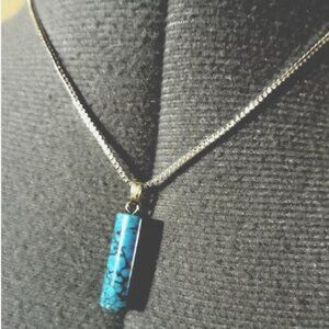 New BLUE AGATE Charm Pendant & 16" Necklace 925 Silver Box link Pillar Tote
